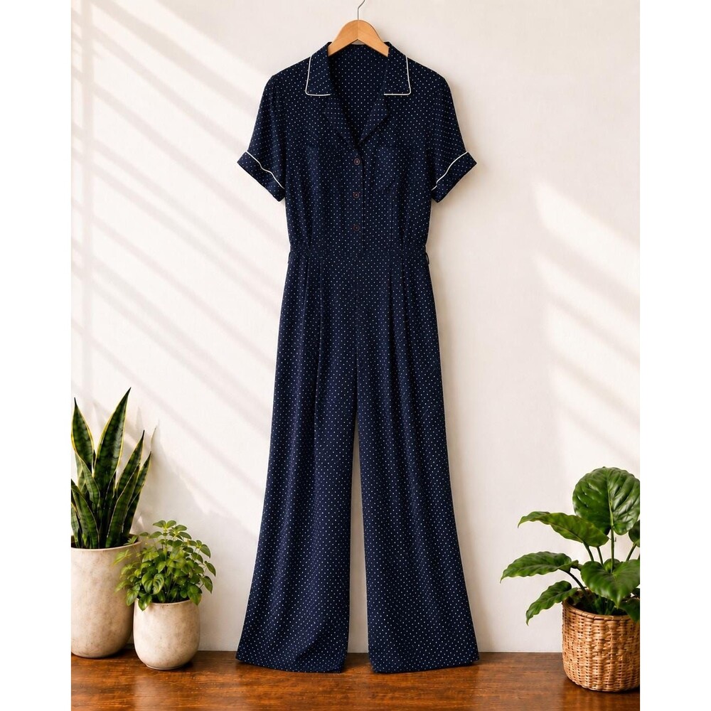 Vintage 1990s Ann Taylor Navy Polka Dot Wide Leg Flowy Jumpsuit Romper Size 8